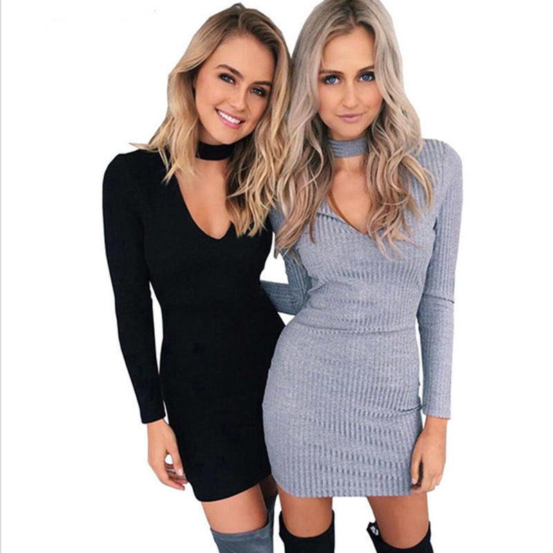 Online discount shop Australia - Dress Women Long Sleeve Sexy Party Black Knitted Dress Casual Bodycon Dress Vestidos Short Sweater Dresses