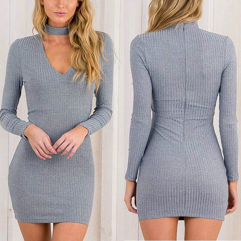 Online discount shop Australia - Dress Women Long Sleeve Sexy Party Black Knitted Dress Casual Bodycon Dress Vestidos Short Sweater Dresses