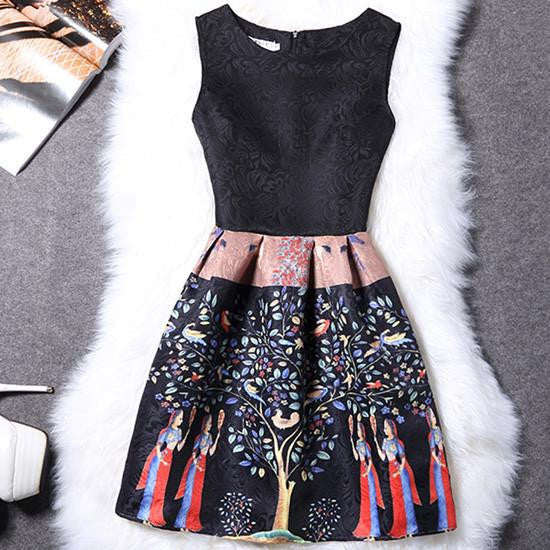 Vintage women dress Fashion sleeveless print jacquard summer dress High waist Slim Elegant party dress