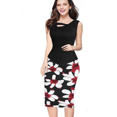 Summer Women Floral Print Patchwork Working Sheath Sundress Sleeveless Bodycon Office Plus Size 4XL 5XL Pencil Dress