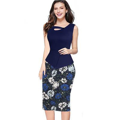 Summer Women Floral Print Patchwork Working Sheath Sundress Sleeveless Bodycon Office Plus Size 4XL 5XL Pencil Dress