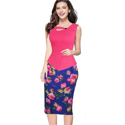 Summer Women Floral Print Patchwork Working Sheath Sundress Sleeveless Bodycon Office Plus Size 4XL 5XL Pencil Dress