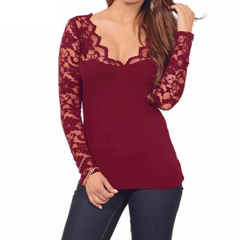 Women Long Sleeve Lace Crochet V Neck Stretchy Blouses Tops Casual Solid Plus Size Shirts Oversized