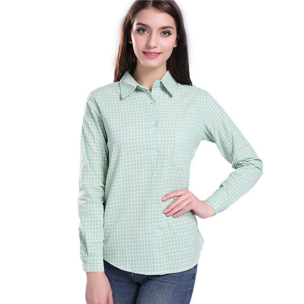 Fashion Women Blouses Long Sleeve Turn-down Collar Plaid Shirts Women Casual Cotton Shirt Style