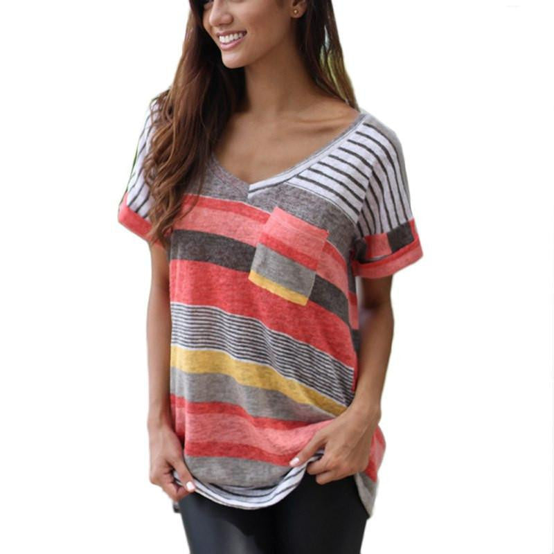 Women Strip Printed T-shirt Thin Tops Tee Shirt Pocket Casual T-shirt For Women