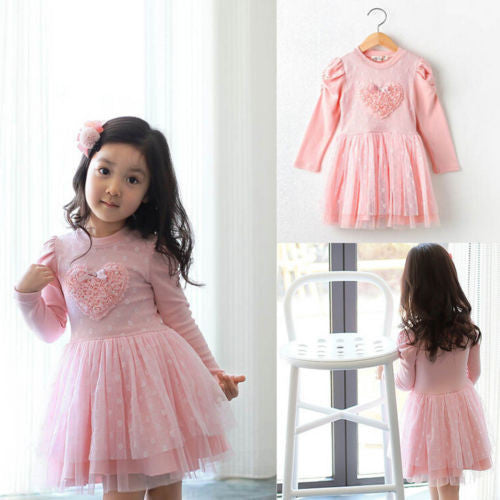 Pinks Kid Baby Girls Party Dresses Long Sleeve 3D Heart Tulle Tutu Dress 2-7Y UK