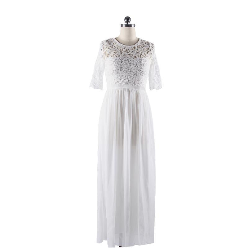 Women Elegant Lace Long Maxi Dresses Hollow Out Chiffon Half sleeve Evening Wedding Party Dress Plus size 3XL QZ609