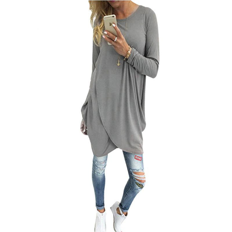 Split Tops Simple Gray Coffee Women Casual T Shirt Fashion Long T-Shirt Woman Clothes Long Sleeve O-neck