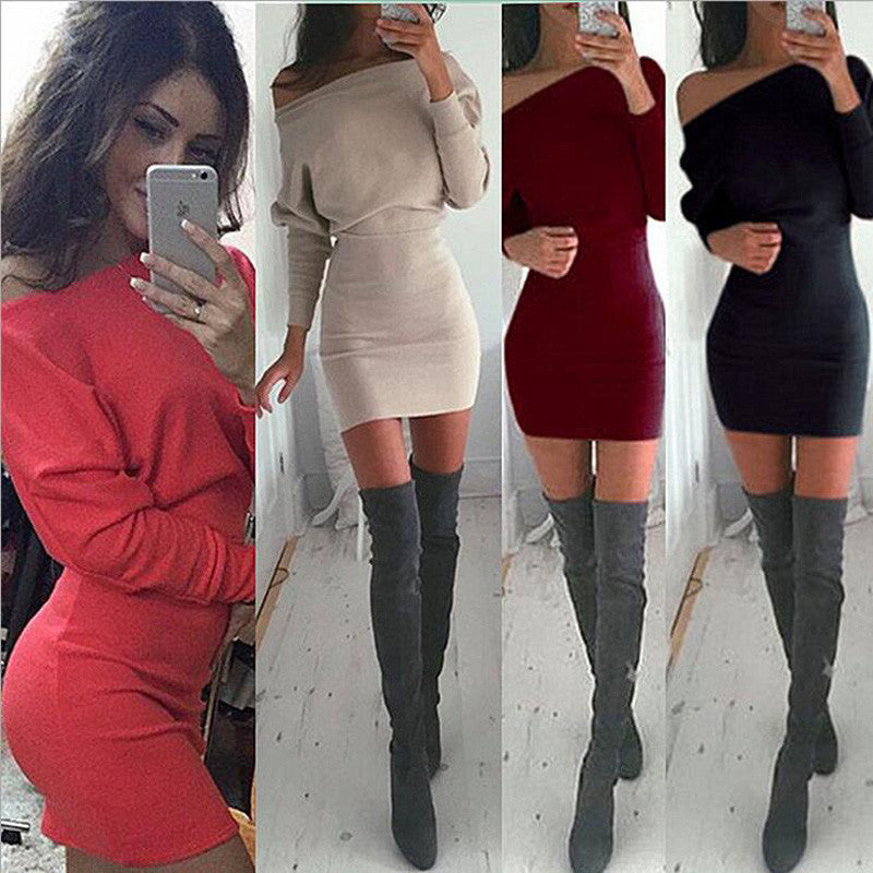 S-XL Khaki Tunic Winter Dress Women Casual Batwing Sleeve Party Dresses Lady Mini Plus Size Slash Neck Dress Vestidos 15343