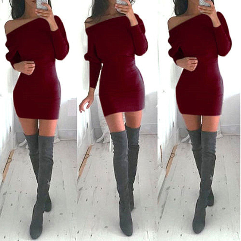 S-XL Khaki Tunic Winter Dress Women Casual Batwing Sleeve Party Dresses Lady Mini Plus Size Slash Neck Dress Vestidos 15343