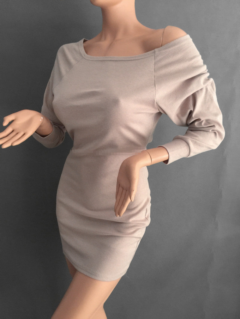 S-XL Khaki Tunic Winter Dress Women Casual Batwing Sleeve Party Dresses Lady Mini Plus Size Slash Neck Dress Vestidos 15343