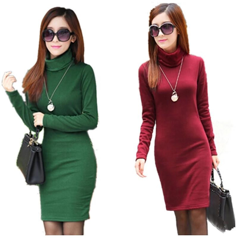 Winter Dress Fleeces Thicken Warm Dresses For Women Turtleneck Solid Dress Feminino Casual Long Sleeve Vestidos L8283