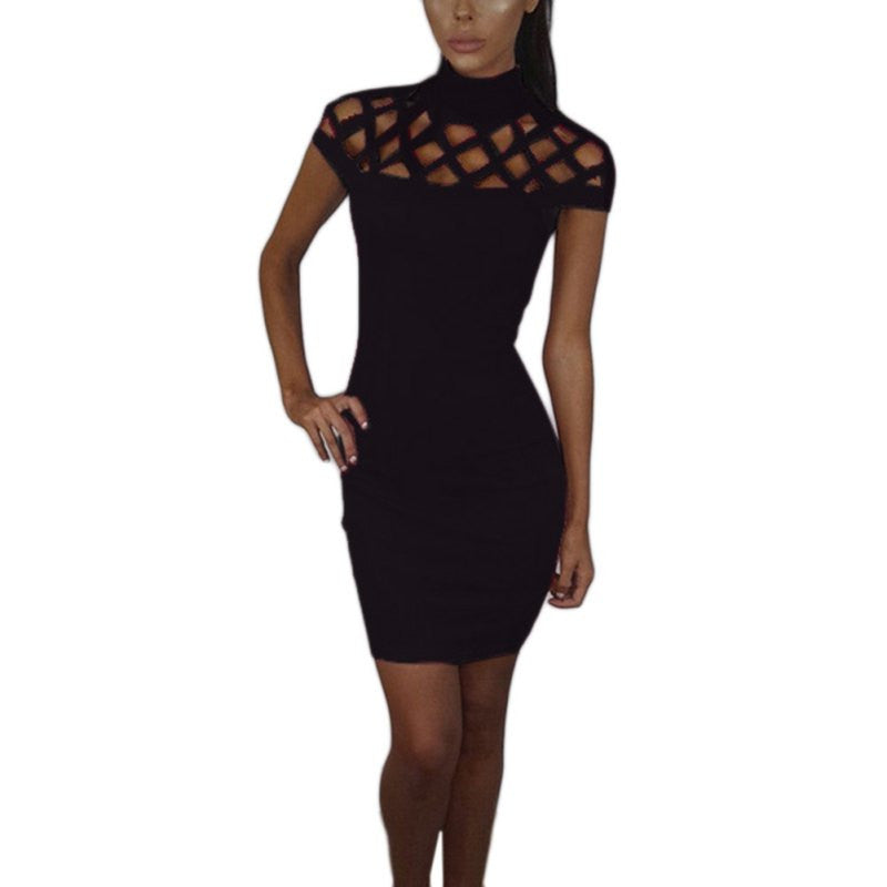 Party Night Turtle Neck Club Dress Hollow Out Mesh Slim Dresses Skinny Cut Off Black Mini Bodycon Brand