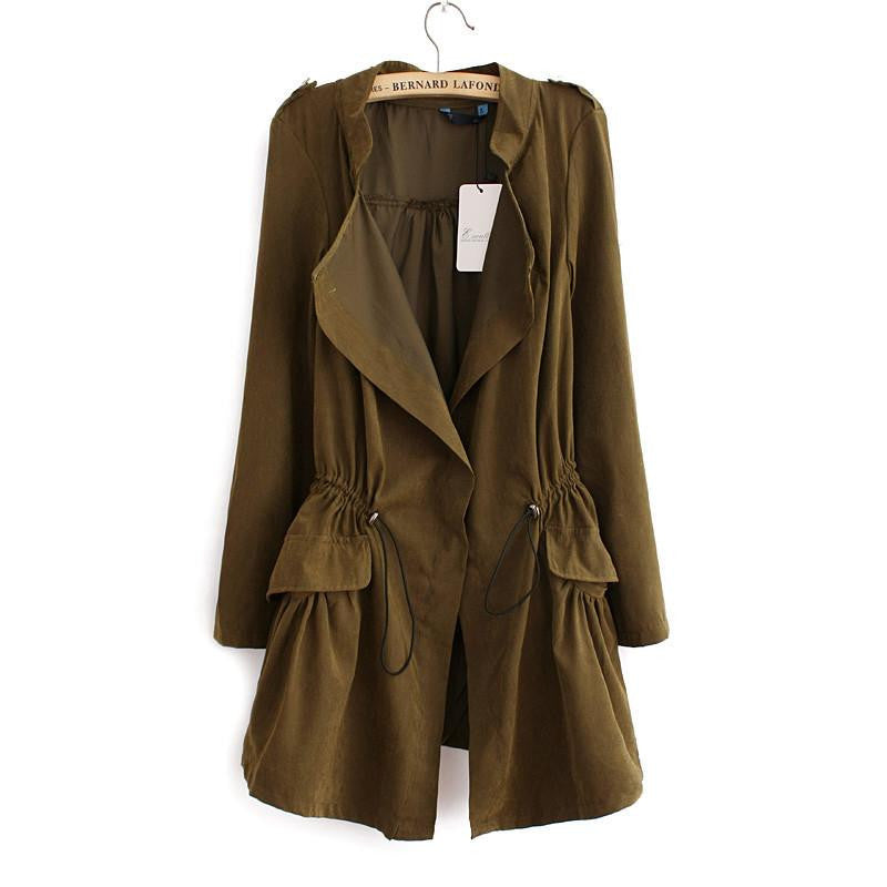 Women Cardigans Casual Turn-down Collar Long Trench Ladies Pleated Pocket Design Outwear Coat