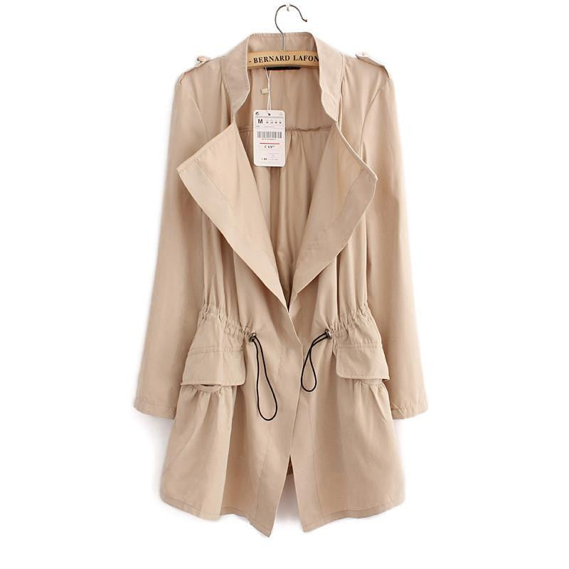 Women Cardigans Casual Turn-down Collar Long Trench Ladies Pleated Pocket Design Outwear Coat