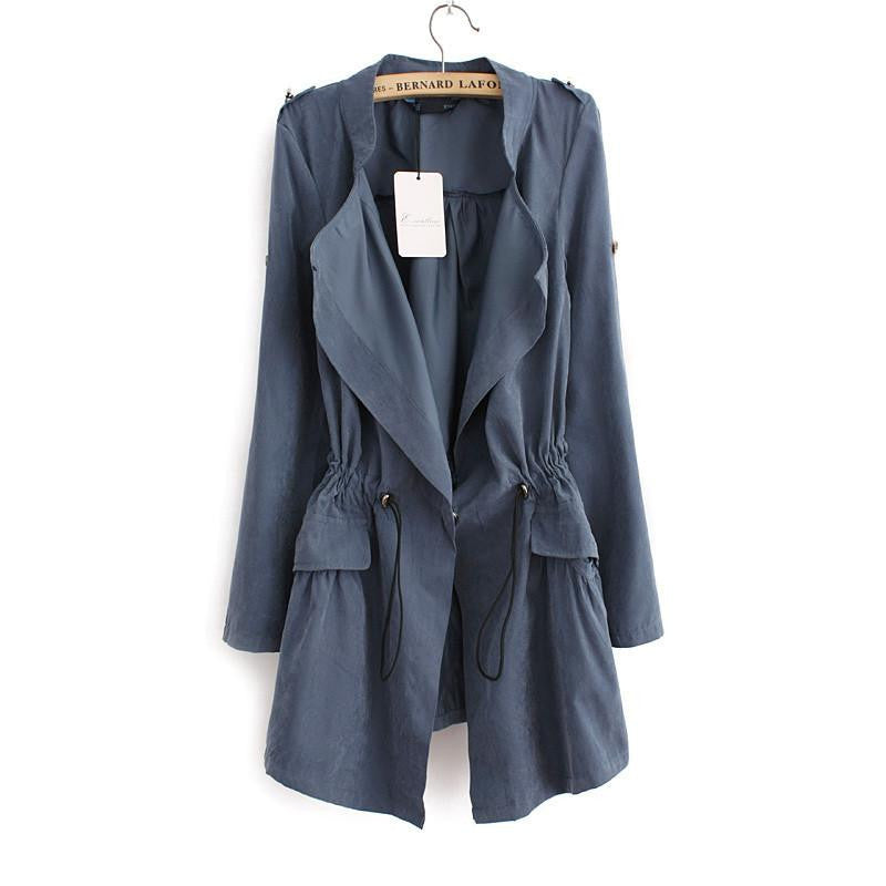 Women Cardigans Casual Turn-down Collar Long Trench Ladies Pleated Pocket Design Outwear Coat