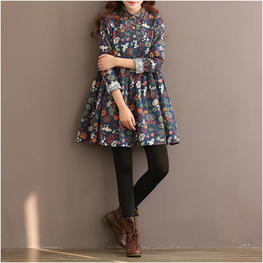 Winter Dress Floral Print A Line Women Dress Long Sleeve High Waist Turn Down Collar Cotton Dress Plus Size Women Clothing