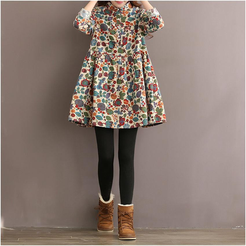 Winter Dress Floral Print A Line Women Dress Long Sleeve High Waist Turn Down Collar Cotton Dress Plus Size Women Clothing