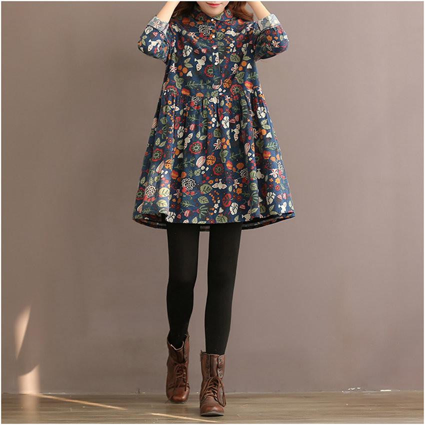 Winter Dress Floral Print A Line Women Dress Long Sleeve High Waist Turn Down Collar Cotton Dress Plus Size Women Clothing