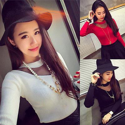 Womoens Mesh Sheer Long Sleeve Blouse Slim Knitwear Tops