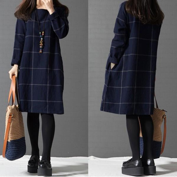 ZANZEA Large Size Autumn Winter Vestidos Women O neck Long Sleeve Plaid Checked Dress Female Casual Pockets Loose Dresses