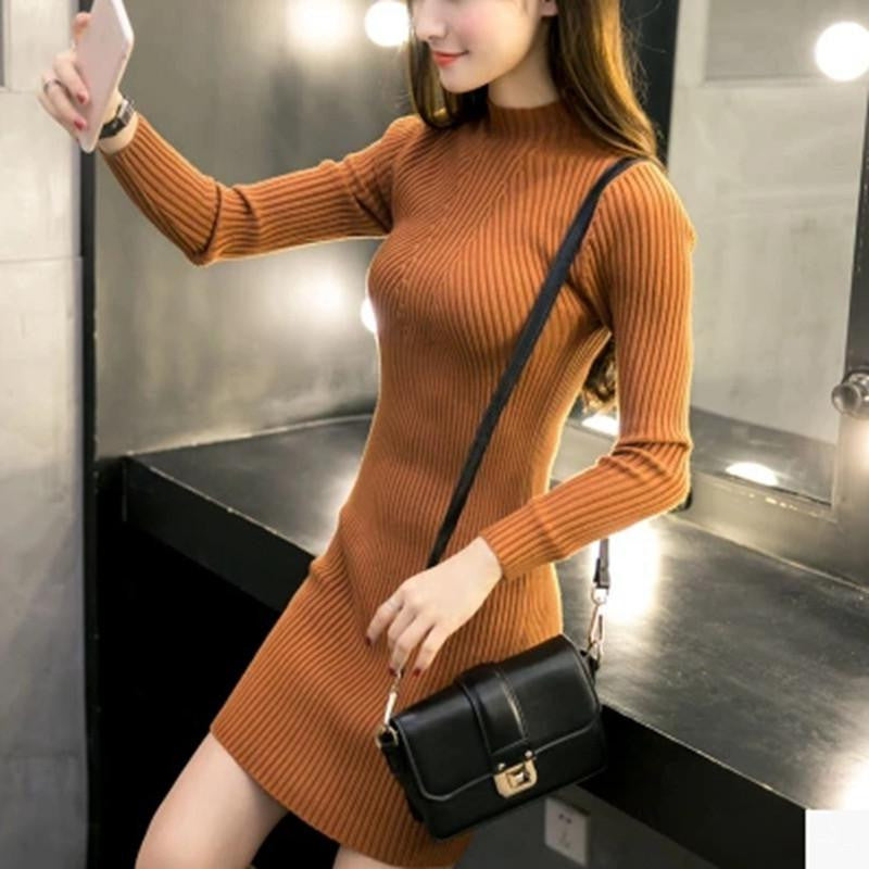 Women Sweater Dresses Casual Black Bodycon Dress Basic Long Sleeve Mini Office Knitted Dress