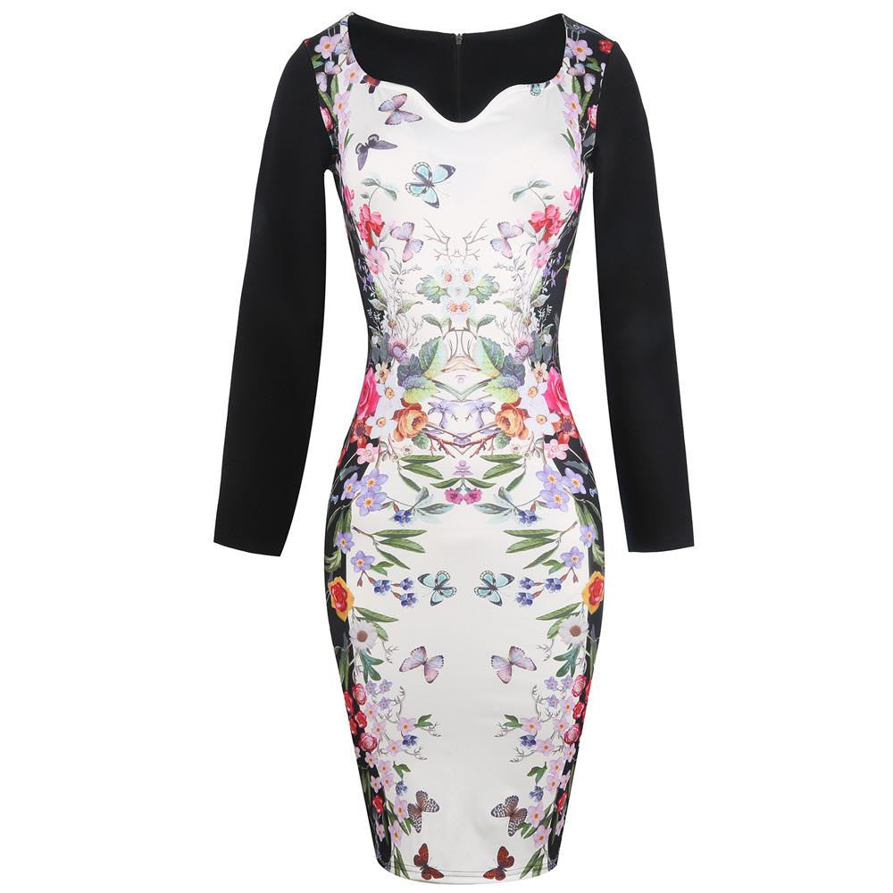 Women Elegant Sleeveless Flower Print Natural OL Career Pencil Dress Lady V-Neck Zipper Knee-Length Dresses S-3XL