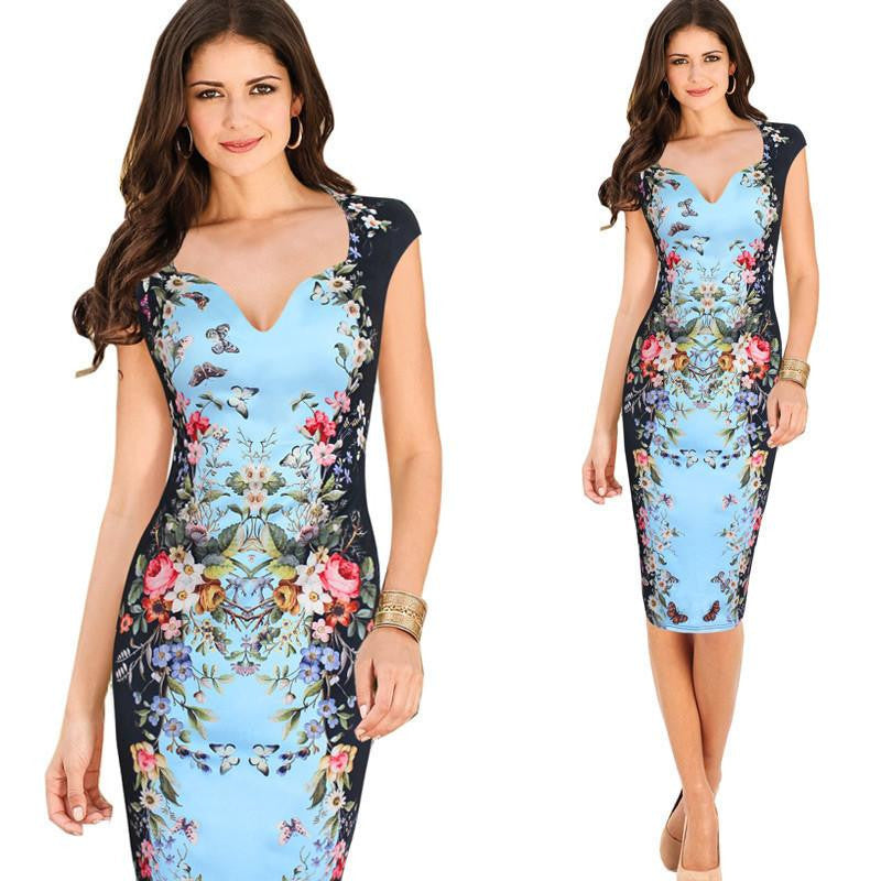 Women Elegant Sleeveless Flower Print Natural OL Career Pencil Dress Lady V-Neck Zipper Knee-Length Dresses S-3XL