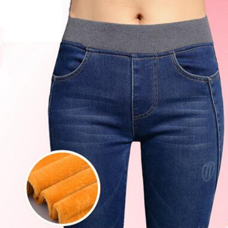 Online discount shop Australia - Jeans Women Gold Fleece Inside Warm Jeans Pants Winter Thickening Elastic Waist Pencil Pants Fashion Denim Trousers P8035