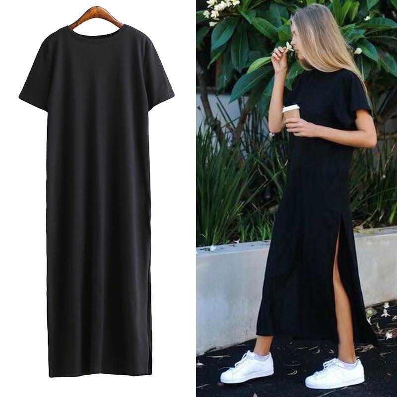 Side High Slit Long T shirt Women Sex Dress Short Sleeves Black Fashion Clothing