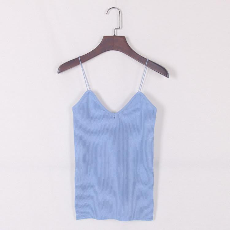 Women Elastic Slim Sleeveless Spaghetti Strap Vest Casual Base Crochet Knit Tank Tops