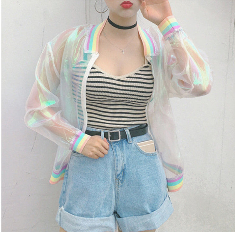 Women Jacket Laser Rainbow Symphony Hologram Women Basic Coat Clear Iridescent Transparent Bomber Jacket Sunproof