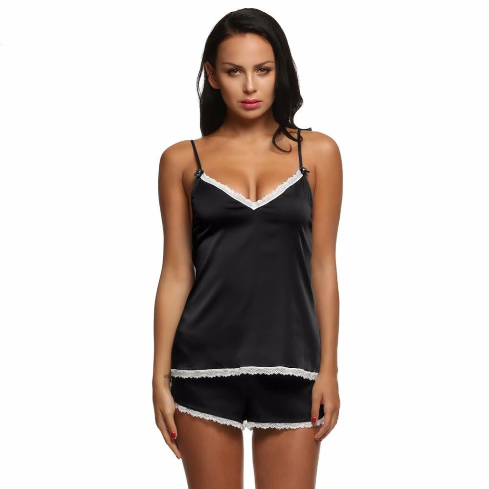 Women Satin Shorts Two Piece Set Lace Female Sleepwear Night Clothing Home Suit J6