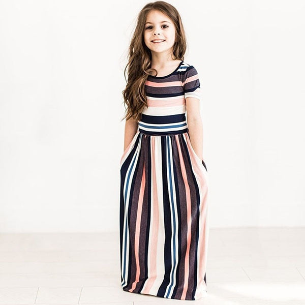 Baby Girl Striped Print Long Dress Toddler Baby Girls Short Sleeve Bohemian Dress Kids Clothes Cotton Summer Beachwear Dress