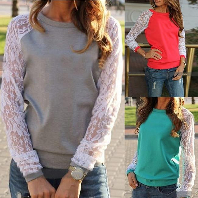 Women Lace Patchwork Hoodies Sweatshirts Full Sleeve O-neck Casual Pullovers Plus Size