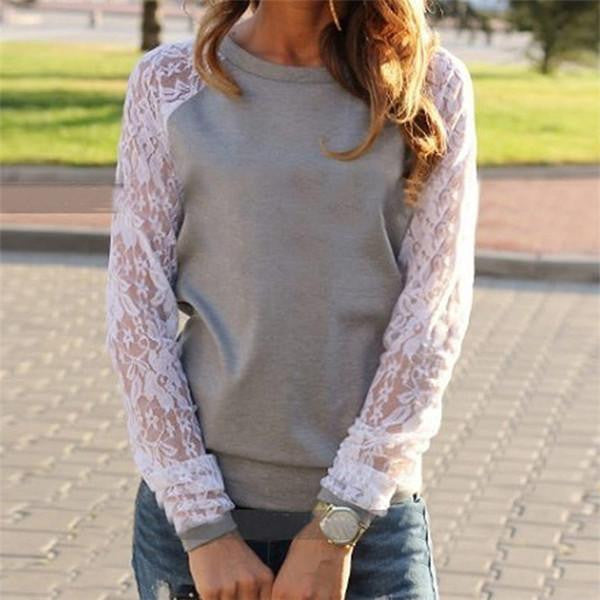 Women Lace Patchwork Hoodies Sweatshirts Full Sleeve O-neck Casual Pullovers Plus Size