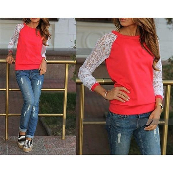 Women Lace Patchwork Hoodies Sweatshirts Full Sleeve O-neck Casual Pullovers Plus Size