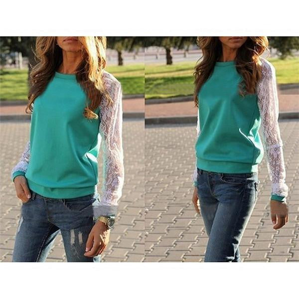 Women Lace Patchwork Hoodies Sweatshirts Full Sleeve O-neck Casual Pullovers Plus Size