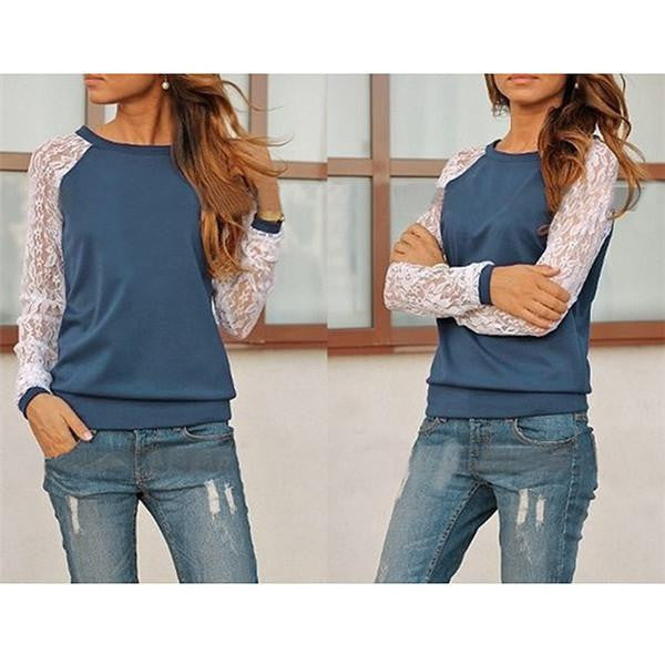 Women Lace Patchwork Hoodies Sweatshirts Full Sleeve O-neck Casual Pullovers Plus Size