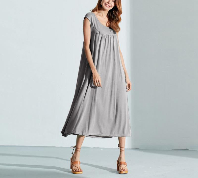 Summer Cotton Casual Loose Solid Dress O Neck Short Sleeve Beach Mid-calf Dress Vestidos Plus Size Oversized