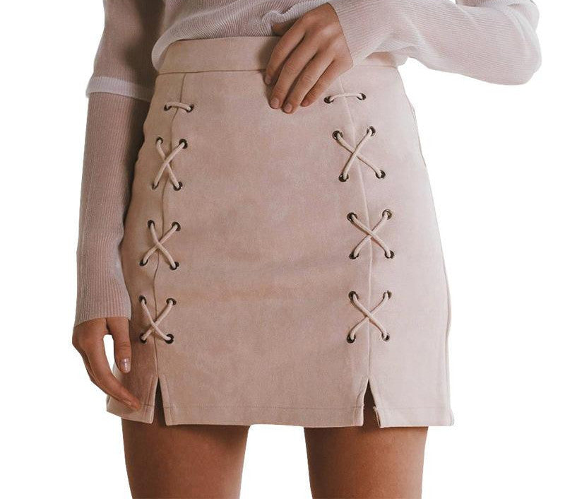 Online discount shop Australia - lace up leather suede pencil skirt Winter cross high waist skirt Zipper split bodycon short skirts womens