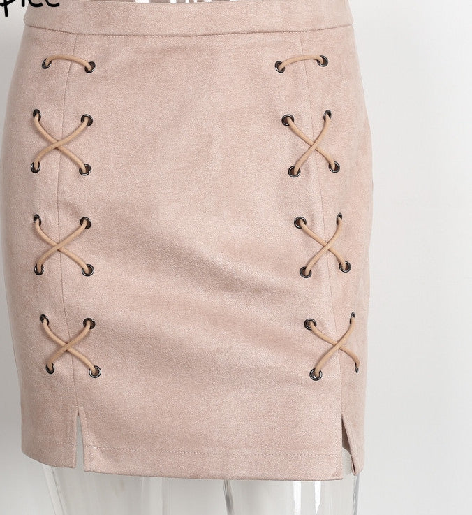 Online discount shop Australia - lace up leather suede pencil skirt Winter cross high waist skirt Zipper split bodycon short skirts womens