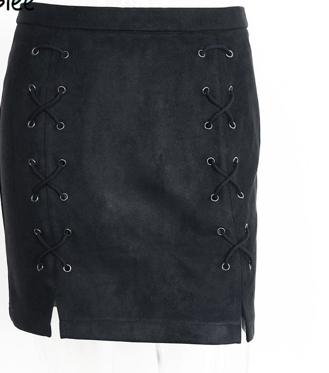 Online discount shop Australia - lace up leather suede pencil skirt Winter cross high waist skirt Zipper split bodycon short skirts womens