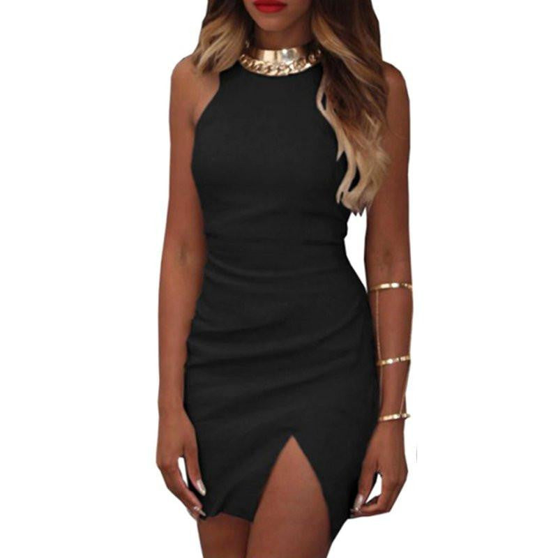 Summer Women Sleeveless Short Mini Dress Split Bodycon Party Club A-Line Dress Red Pink Black LL2