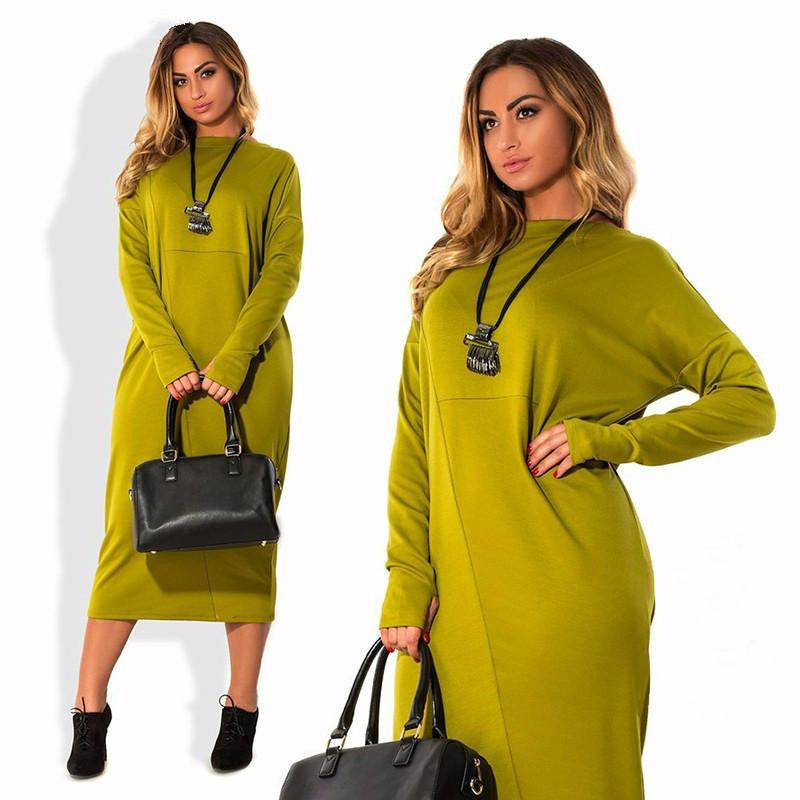 Women Autumn Dress Solid O-Neck Full Sleeve Big Size L-6XL Loose Casual Dress Elegant Office Loose Work Wear Plus Size GV398