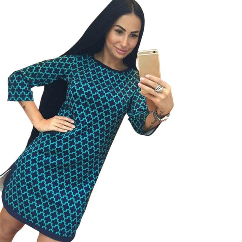 Women's Plaid Cross Straight Slim Casual O-Neck 3/4 Sleeve Above Knee Mini Dress Arrival Y8664