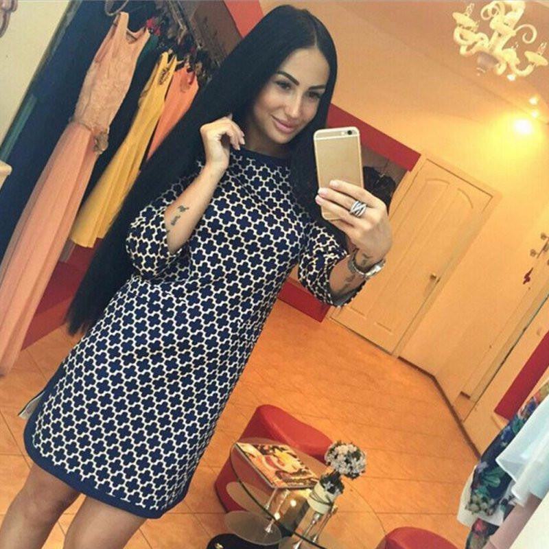 Women's Plaid Cross Straight Slim Casual O-Neck 3/4 Sleeve Above Knee Mini Dress Arrival Y8664