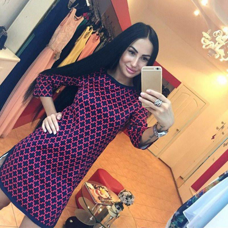 Women's Plaid Cross Straight Slim Casual O-Neck 3/4 Sleeve Above Knee Mini Dress Arrival Y8664