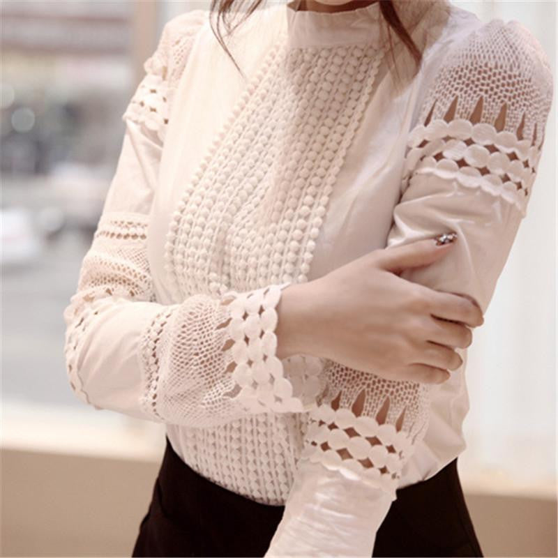 Women blouses long sleeve shirt women white lace blouse tops woman clothes crochet ladies