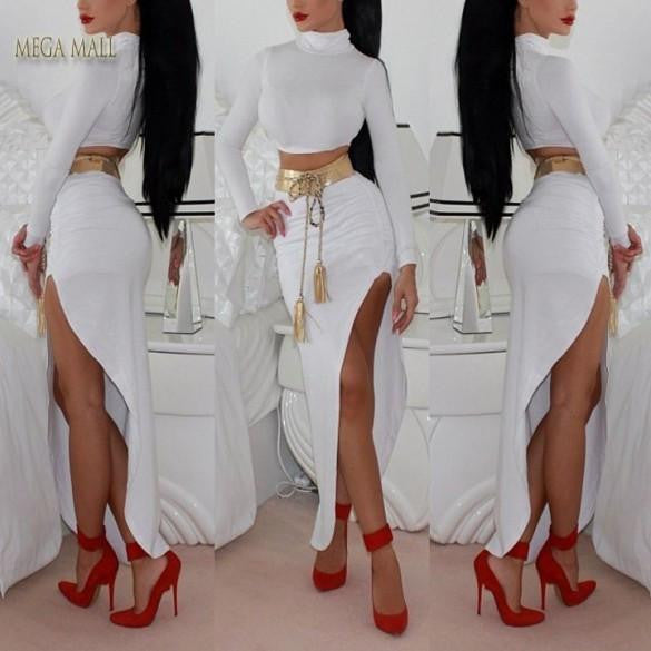 Women European Style Two 2 Piece Set Dress Outfits Crop Top Asymmetrical Robe Party Long Sleeve Maxi Dress B5